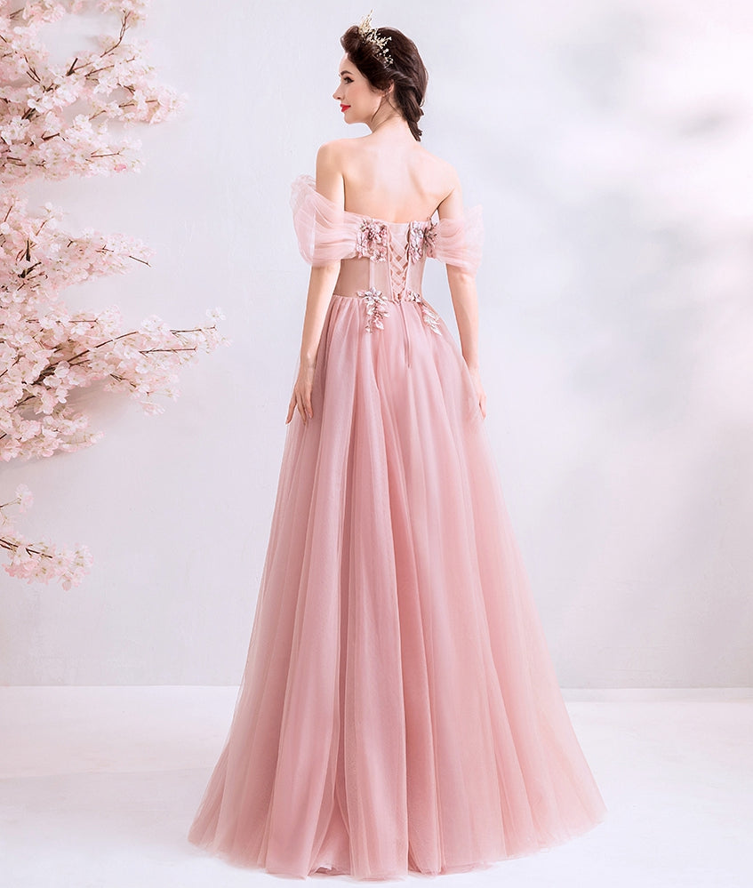 Pink tulle lace long prom dress, pink evening dress 8077