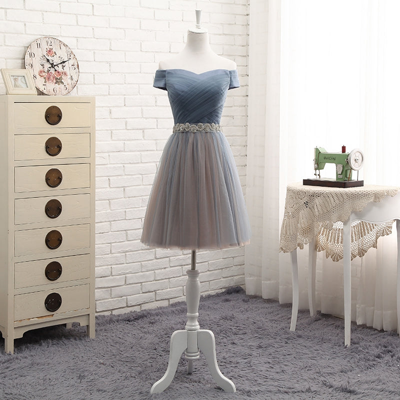 Gray tulle off shoulder prom dress, evening dress 7773