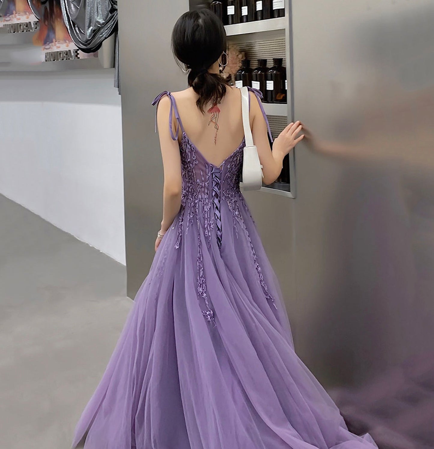 Purple tulle lace long prom dress A line evening gown 10127