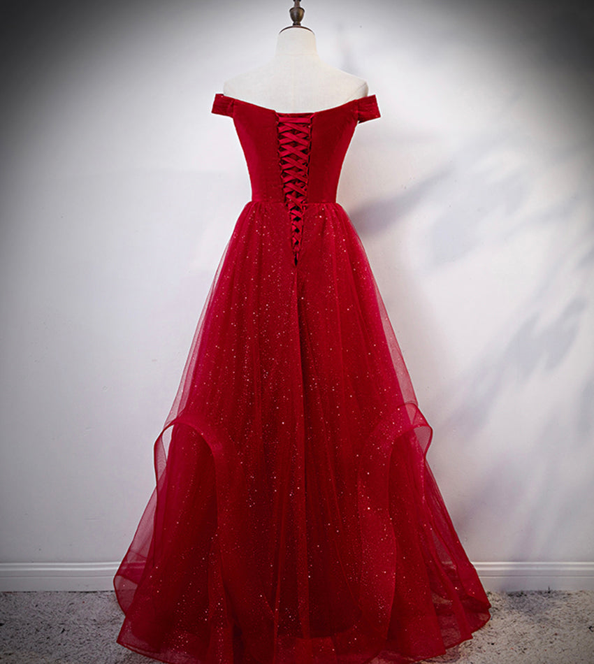 Burgundy tulle long prom dress evening dress 8389