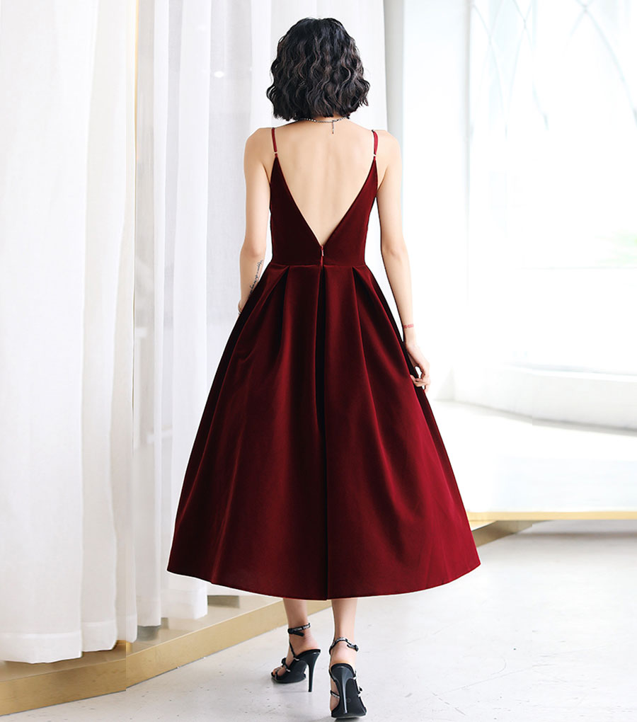 Burgundy v neck velvet short prom dress 8345