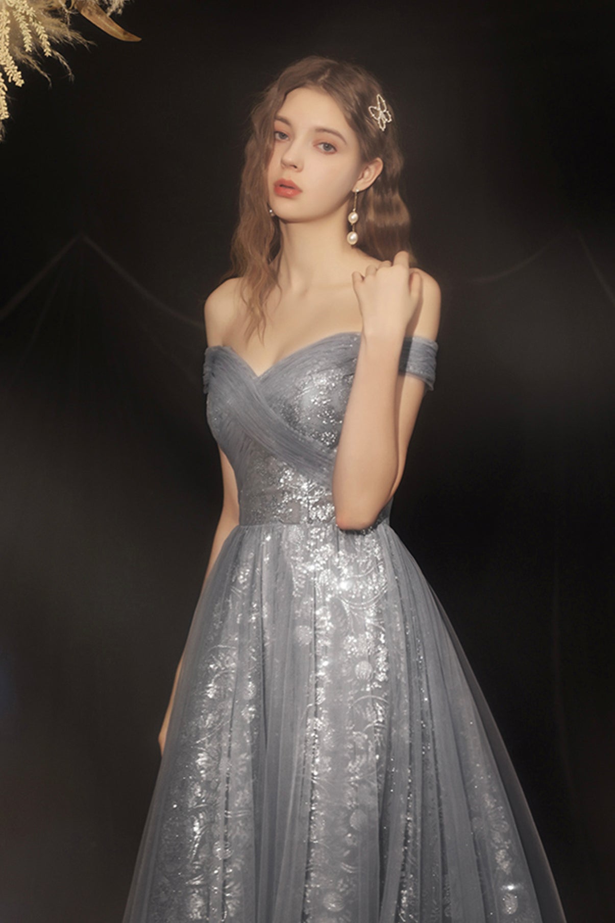 Grey long A line prom dress off shoulder evening dress 8592