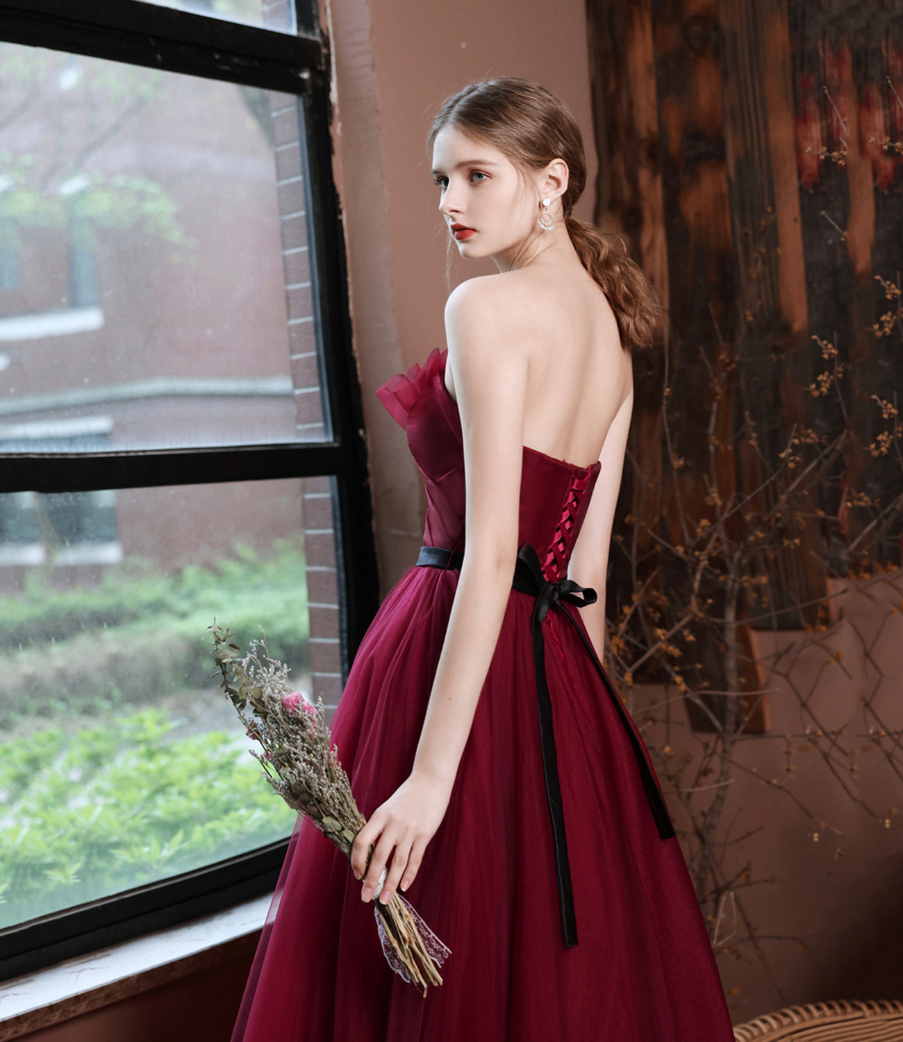 Burgundy off shoulder long A line prom dress evening dress 8797