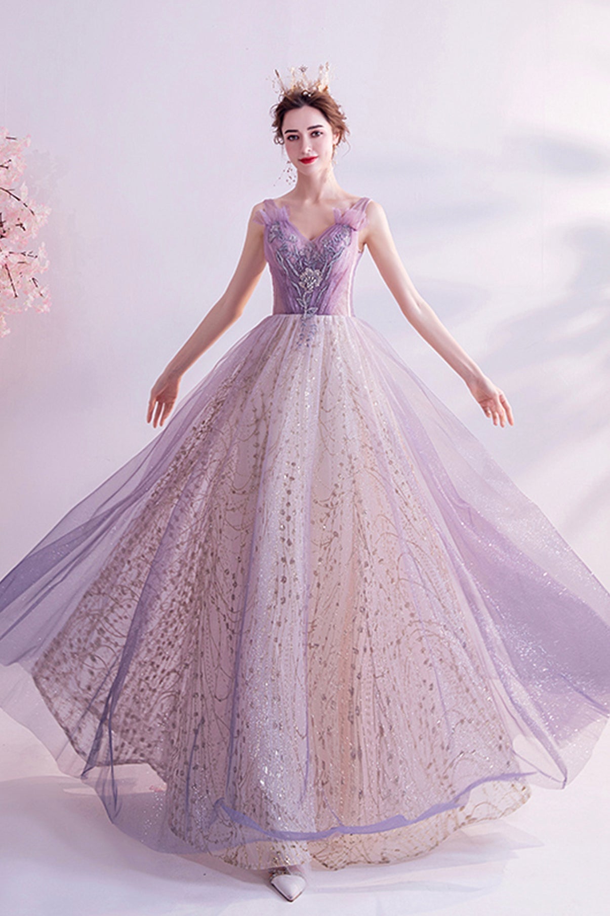 Purple tulle long A line prom dress evening dress 8739