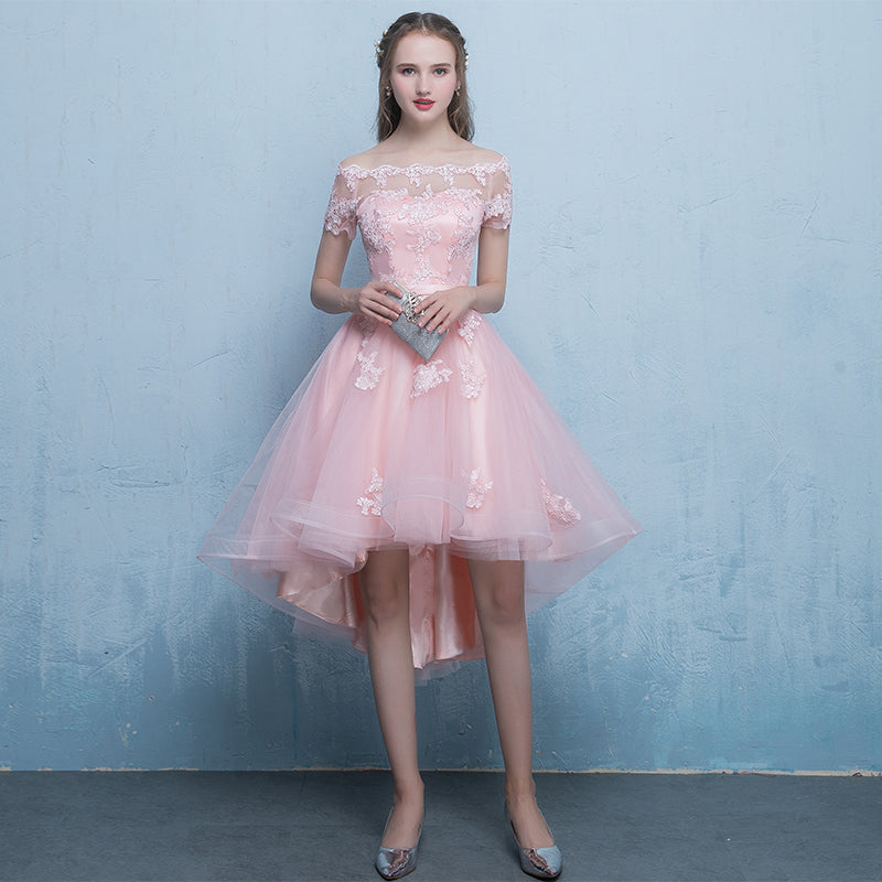 Cute pink tulle lace short prom dress party dress 8311