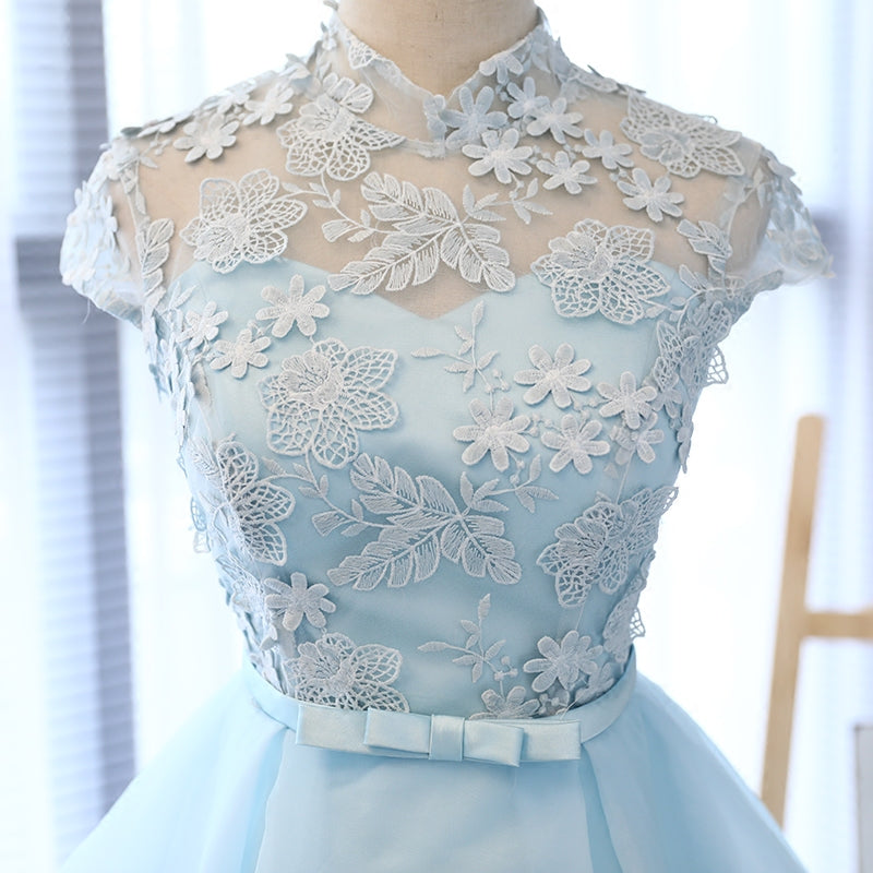 Blue lace tulle short prom dress, homecoming dress 8148