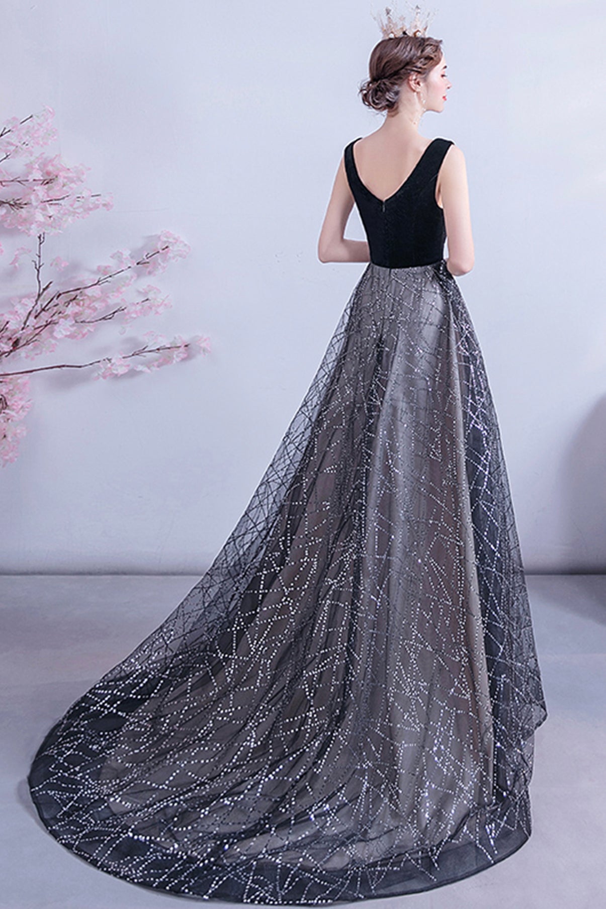 Black tulle sequins long A line prom dress evening dress 8731