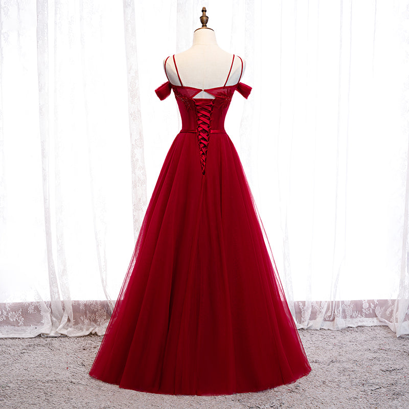Burgundy tulle long prom dress evening dress 8261