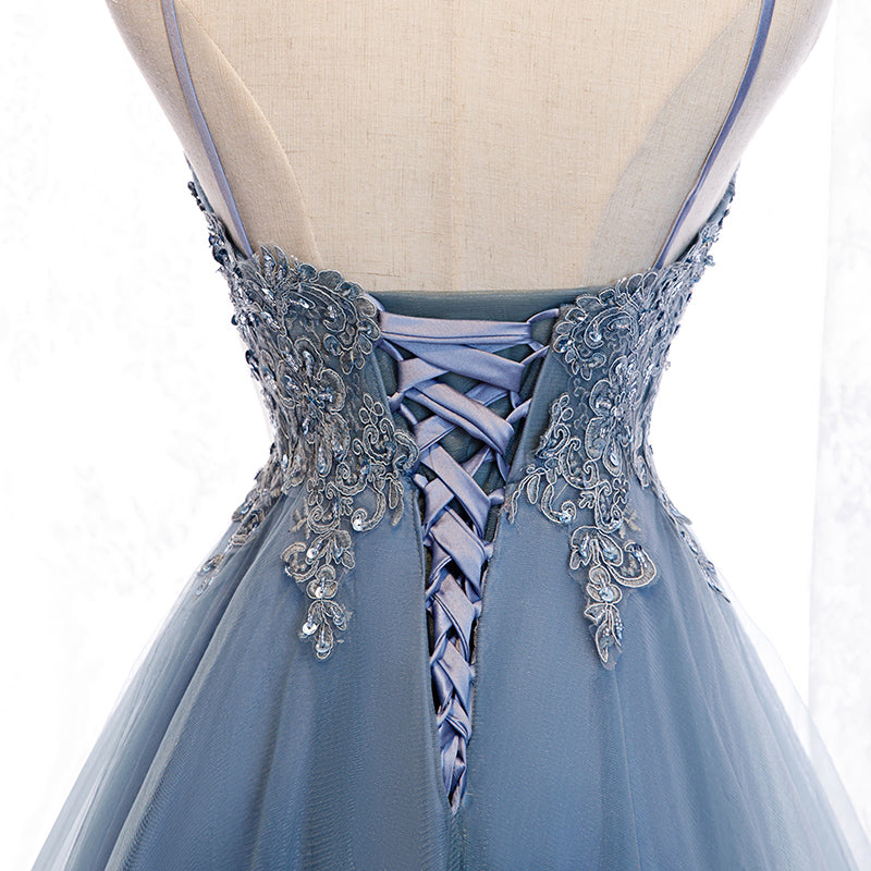 Cute v neck lace short prom dress high low evening dress 8315