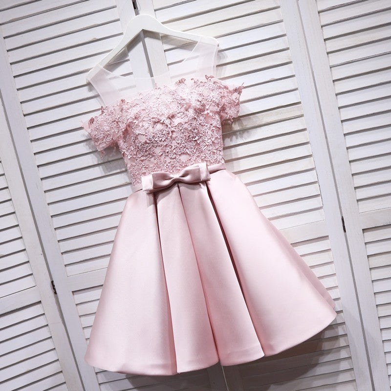 Pink satin lace short prom dress 8210