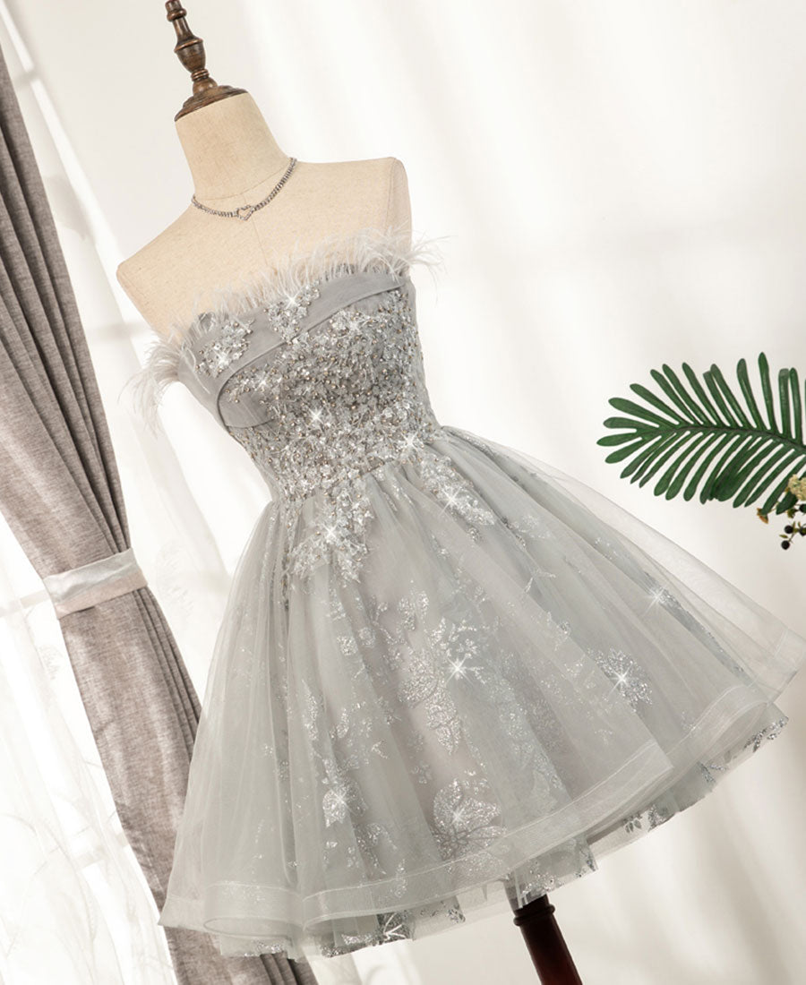 Gray tulle sequins short prom dress 8331