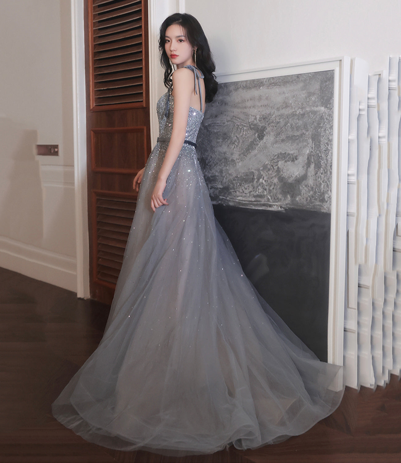 Gray tulle sequins long prom dress A line evening dress  8889