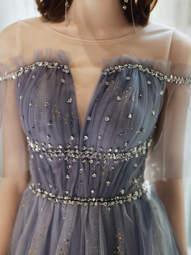 A line tulle sequins long prom dress 8341