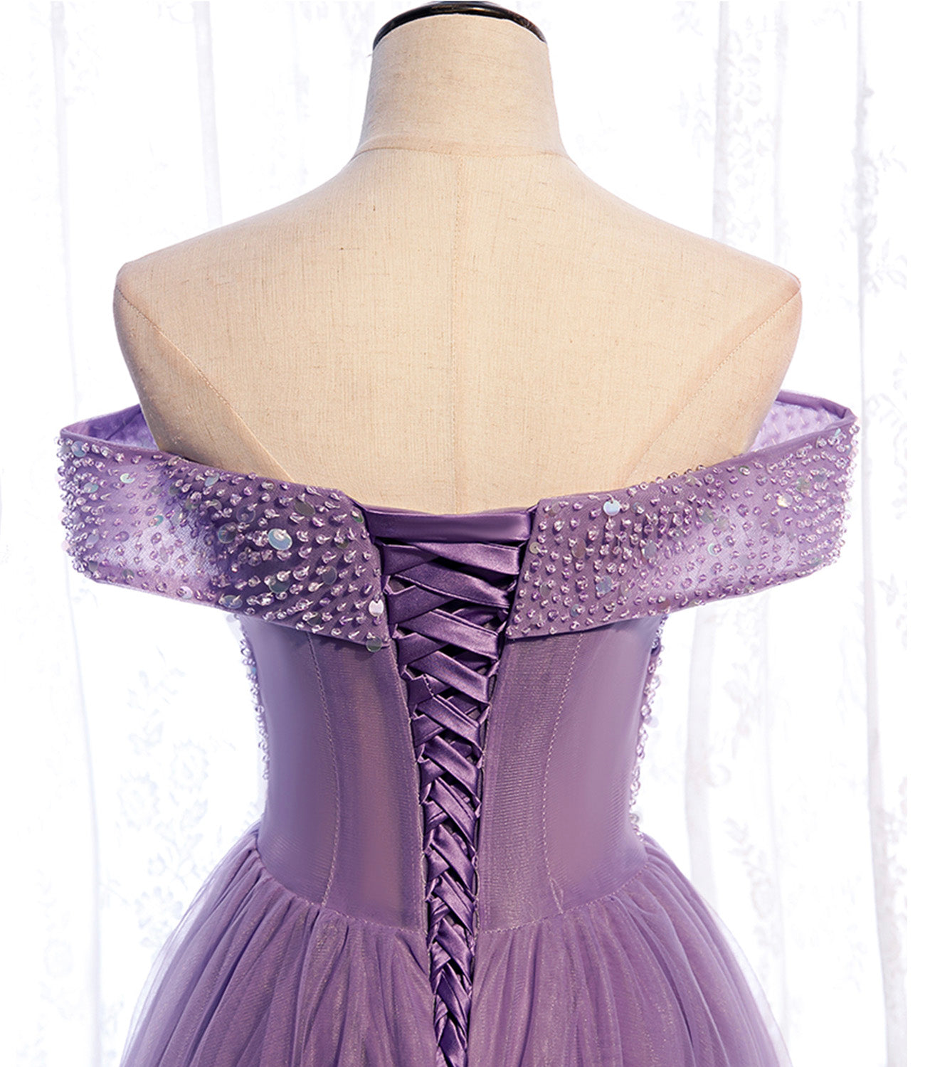 Purple tulle beads long A line prom dress evening dress 8790