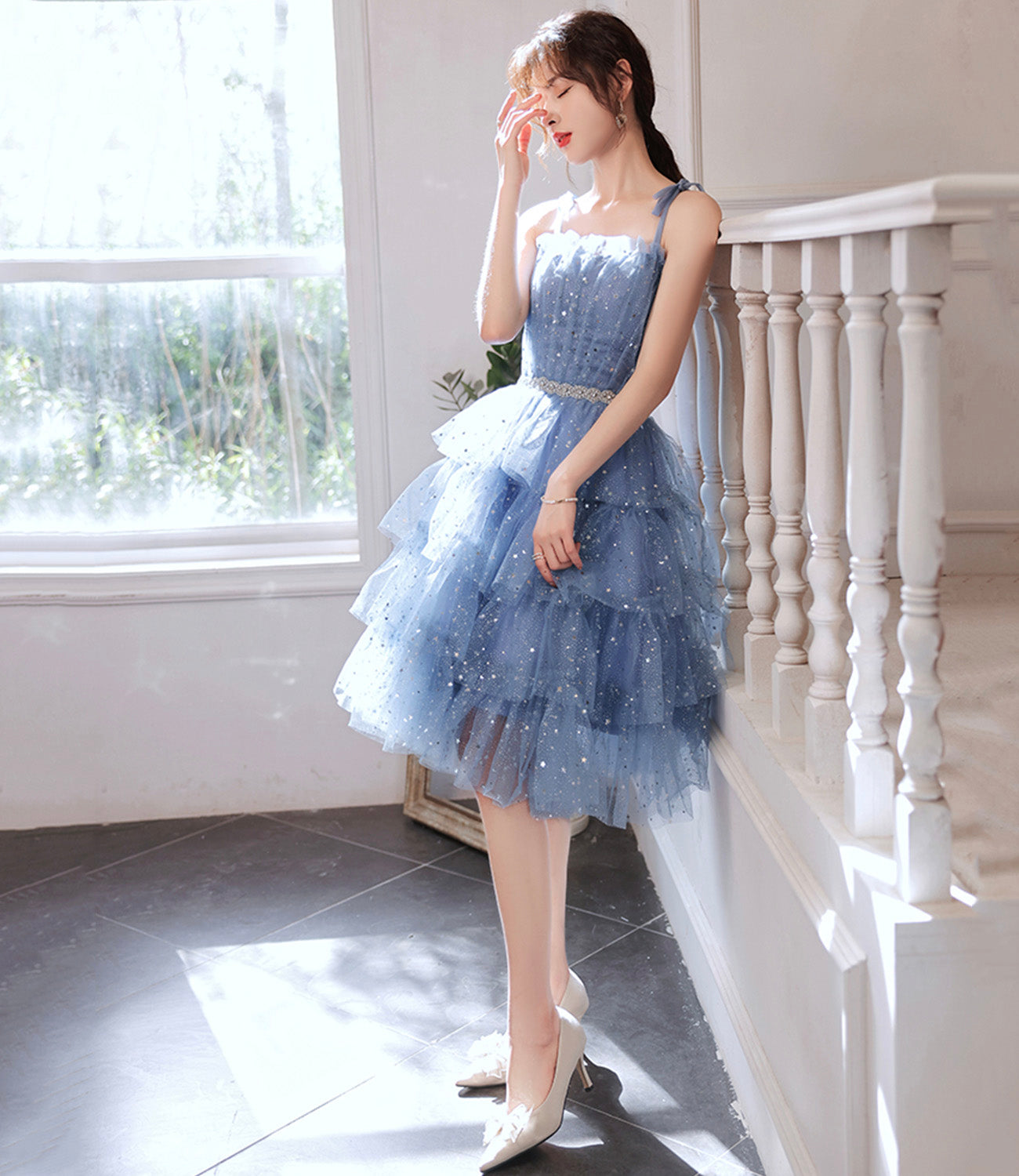 Blue tulle off shoulder prom dress homecoming dress 8896