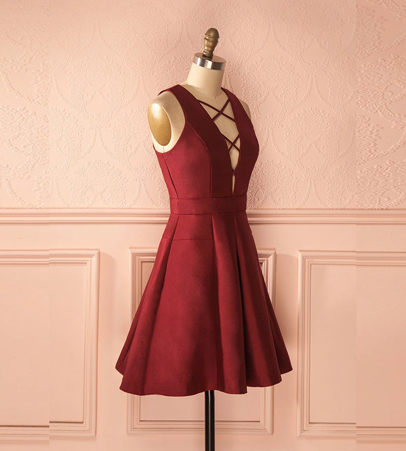 Burgundy satin short prom dress 8177