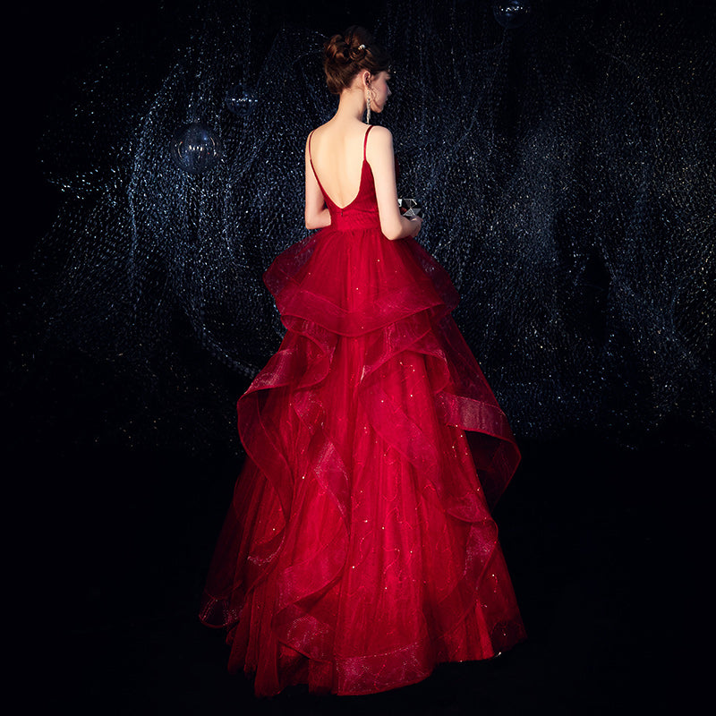 Burgundy tulle long prom dress formal dress 8295