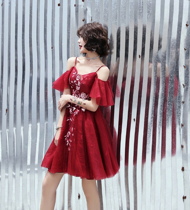 Burgundy lace short prom dress party dress 8323
