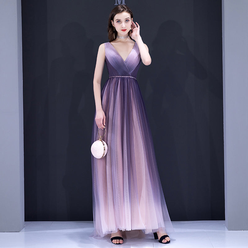 Purple v neck tulle long prom dress 8199