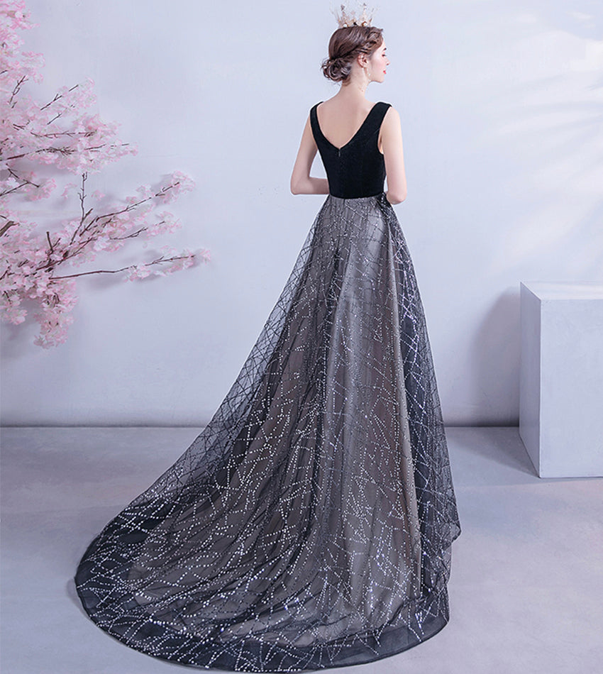 Black velvet sequins long prom dress formal dress 8450