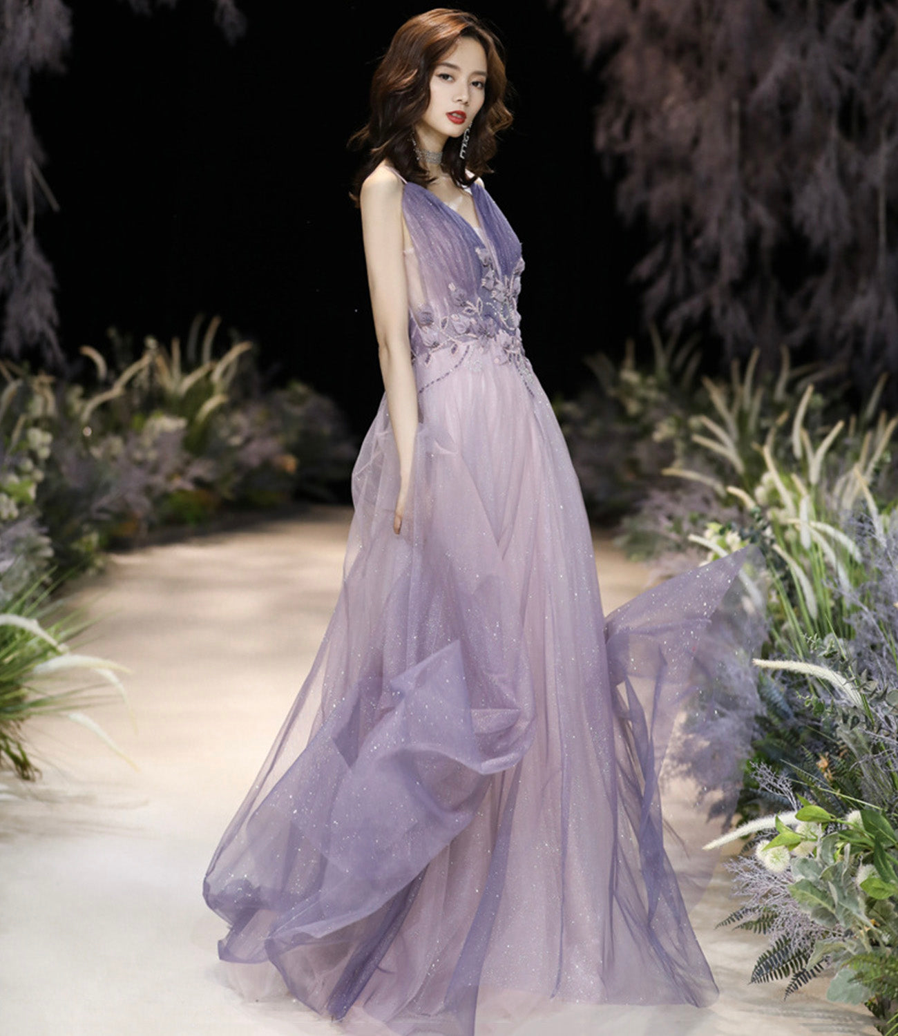 Purple tulle long A line prom dress purple evening dress 8926