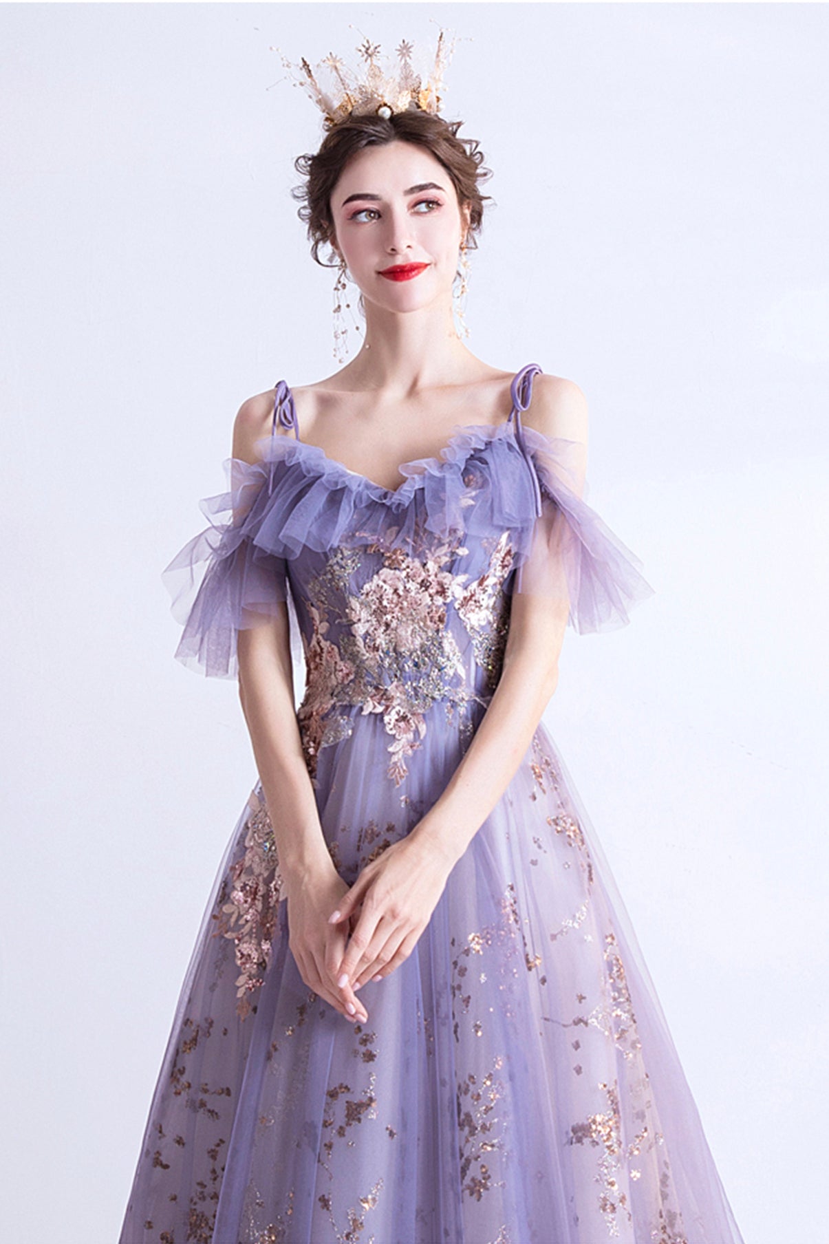 Purple tulle sequins long A line prom dress evening dress 8750