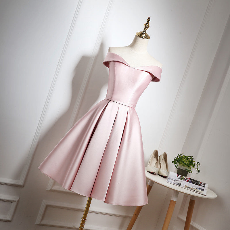 Simple satin short prom dress pink evening dress 8208