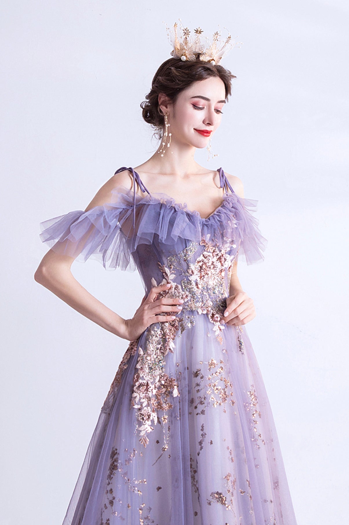Purple tulle sequins long A line prom dress evening dress 8750