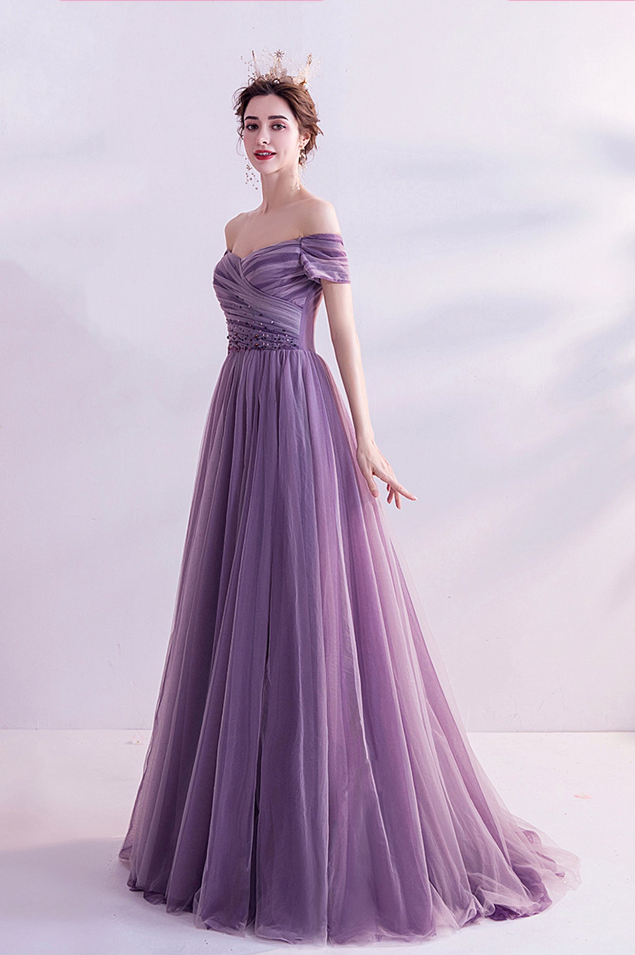 Purple tulle long prom dress A line evening dress 8562