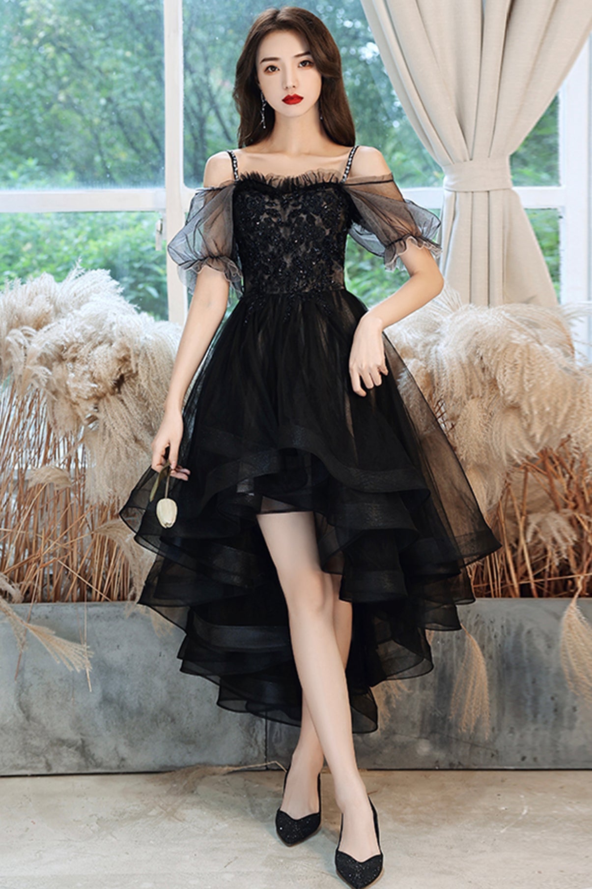Black tulle lace high low prom dress party dress 8743
