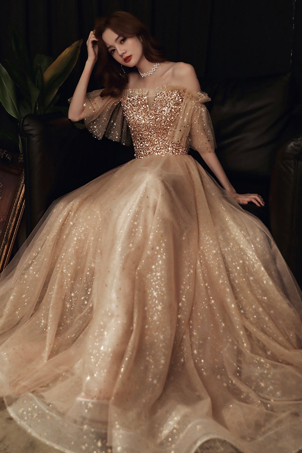 Gold sequins long A line prom dress evening dress  8859