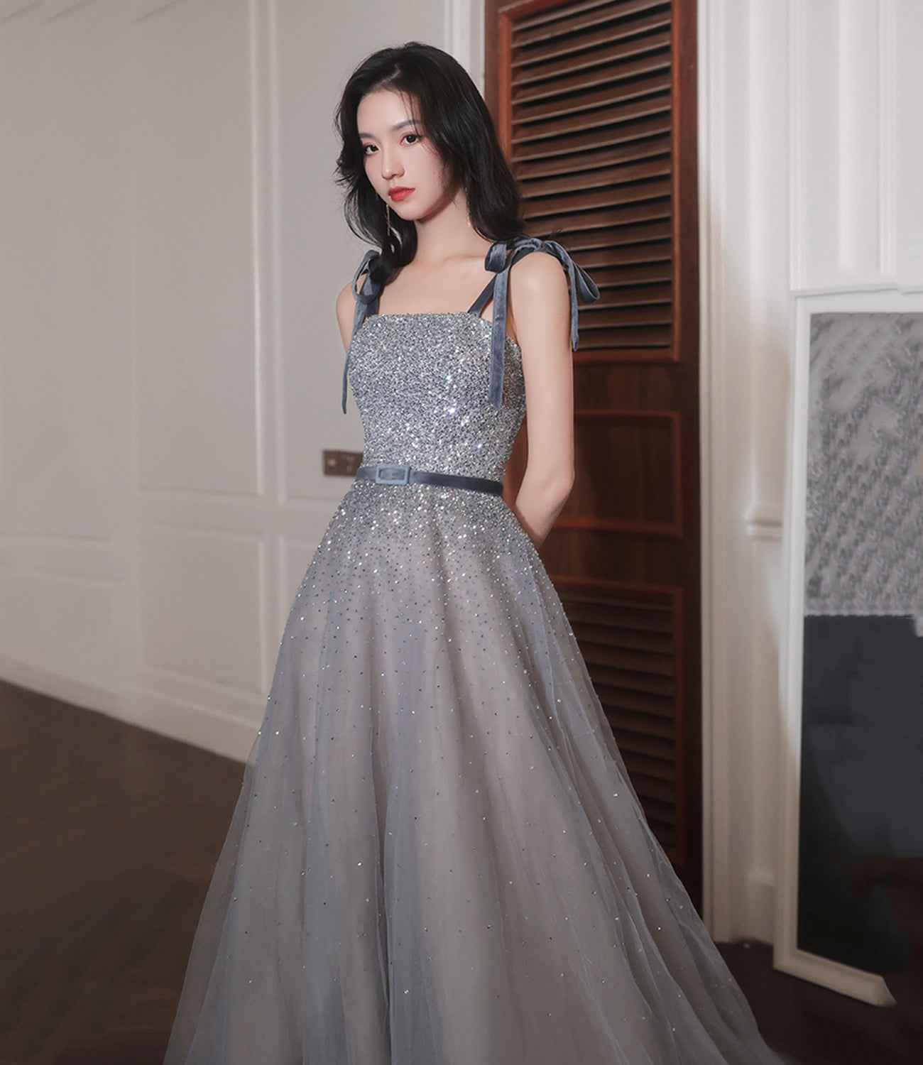 Gray tulle sequins long prom dress A line evening dress  8889