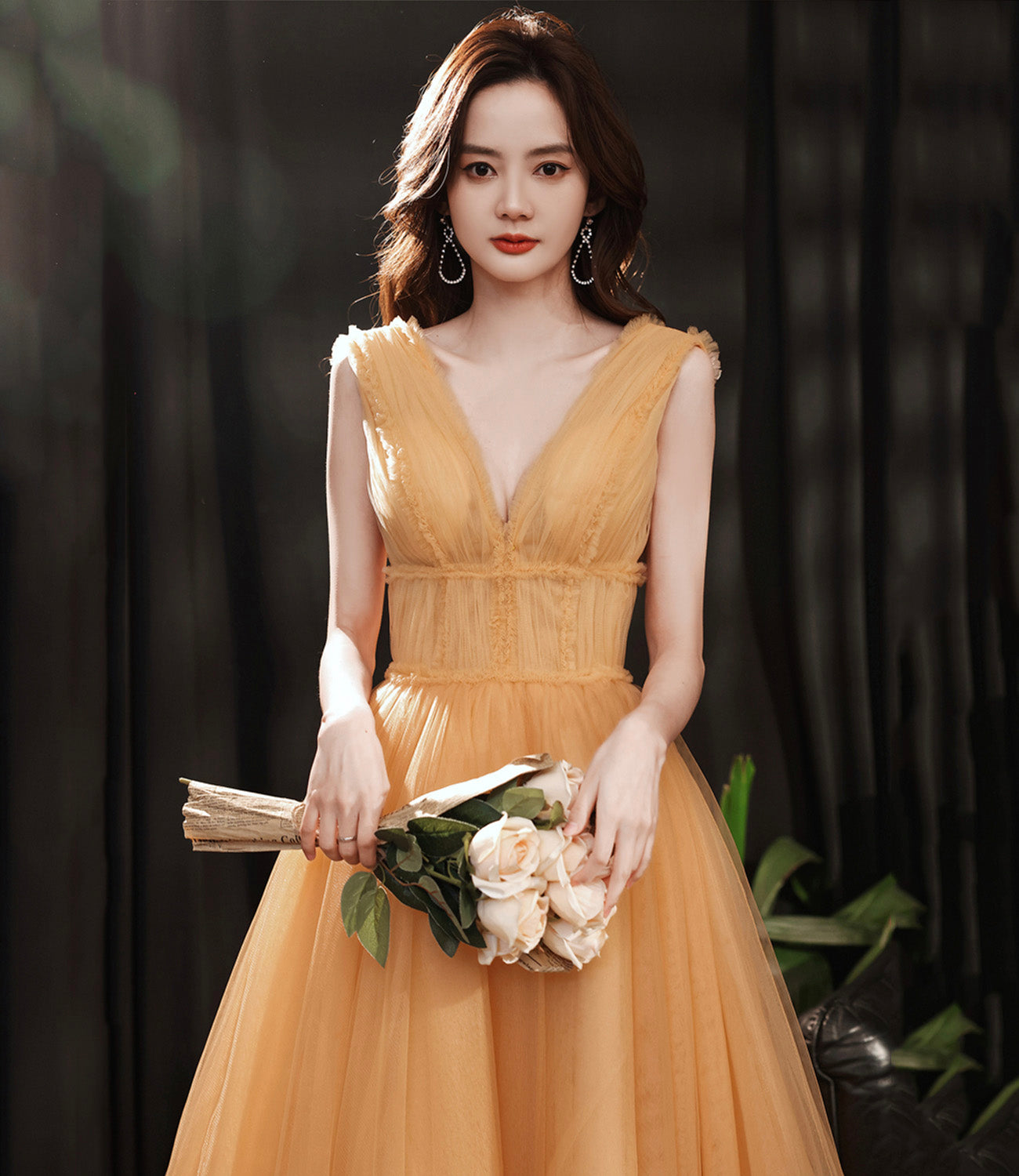 Yellow tulle short A line prom dress yellow evening dress 8933