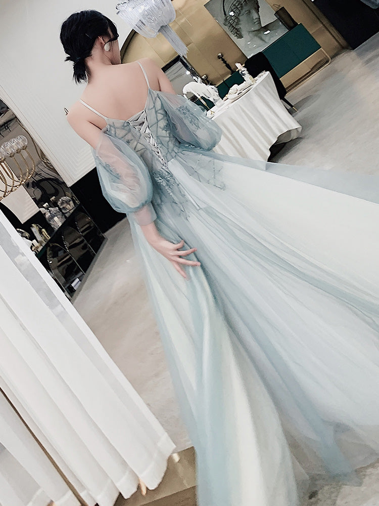 Stylish blue v neck tulle long prom dress, evening dress 8093