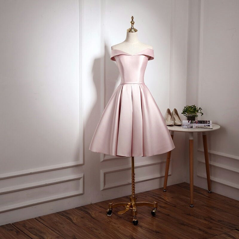 Simple satin short prom dress pink evening dress 8208