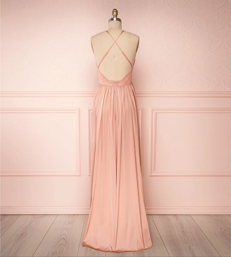 Pink v neck satin long prom dress 8176