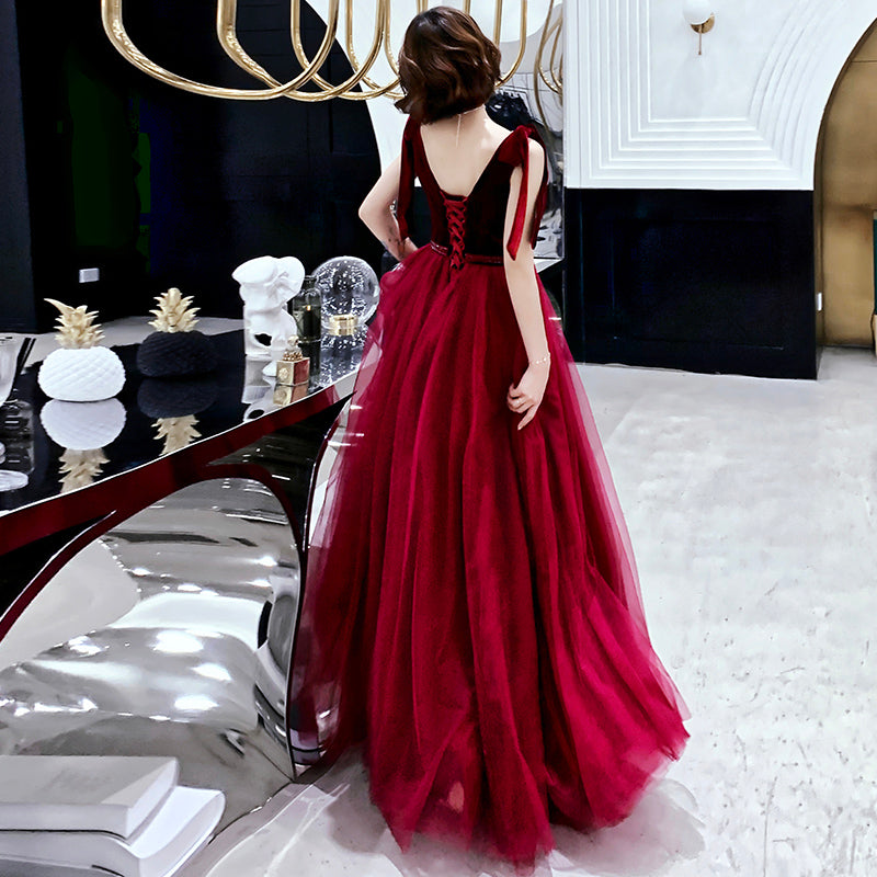 Burgundy velvet tulle long prom dress party dress 8193