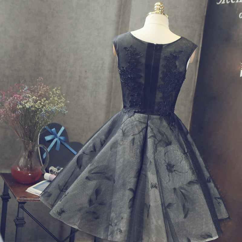 Black round neck lace short prom dress, homecoming dress 7923