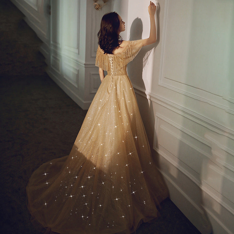 Gold sequins tulle long prom dress  8171