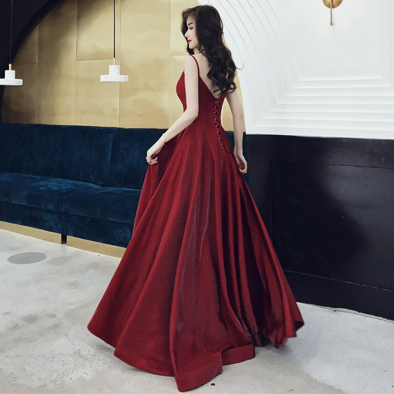 Simple v neck long A line prom dress, burgundy evening dress 8108