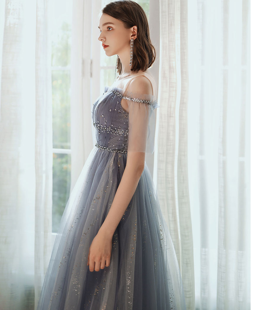 A line tulle sequins long prom dress 8341
