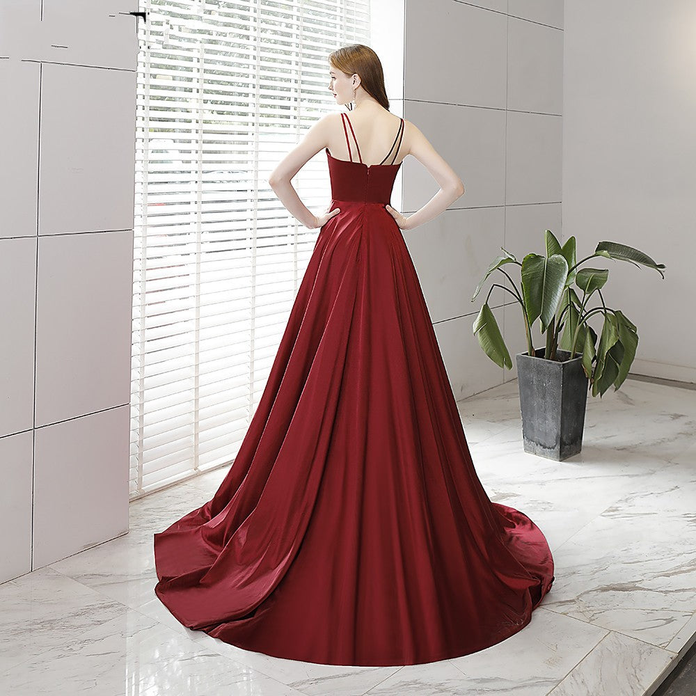 Burgundy satin long prom dress 8352