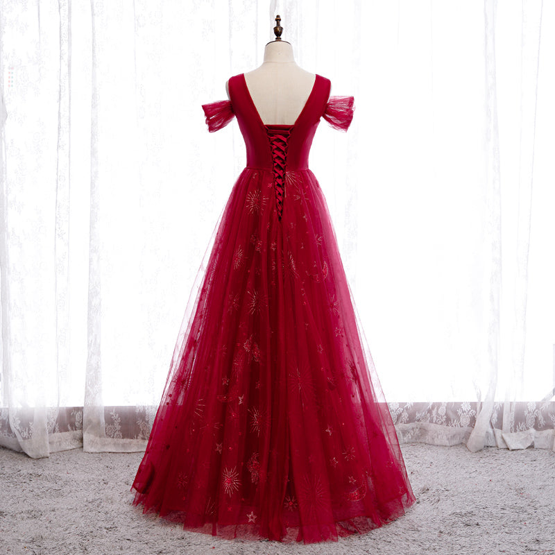 Burgundy tulle beads long prom dress 8260