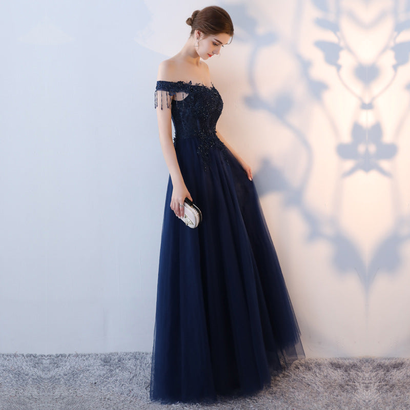 Blue tulle beads long prom dress, blue evening dress 8152