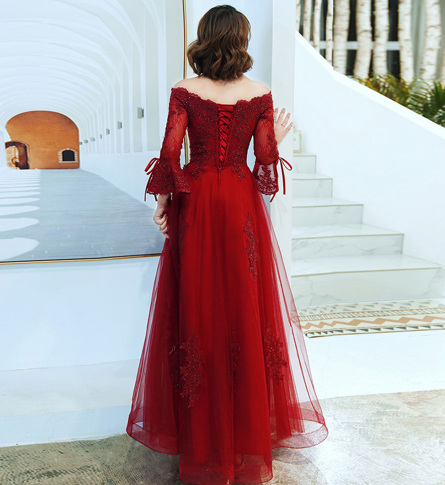 Burgundy tulle lace prom dress formal dress 8229