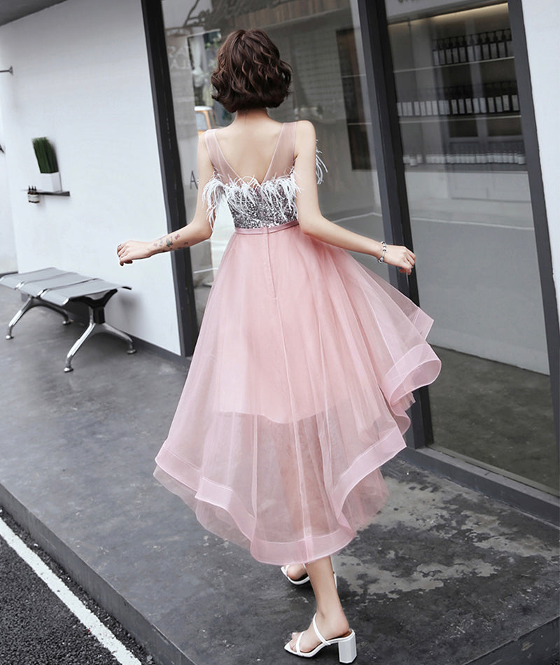 Unique tulle sequins prom dress high low evening dress 8412