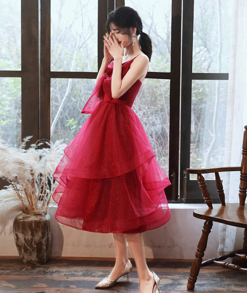 Burgundy v neck tulle sequins prom dress homecoming dress 8408