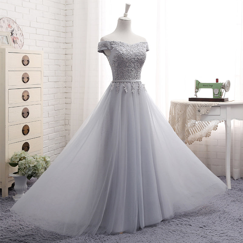 Cute A line gray lace off shoulder prom dress, cheap evening dresses 7792