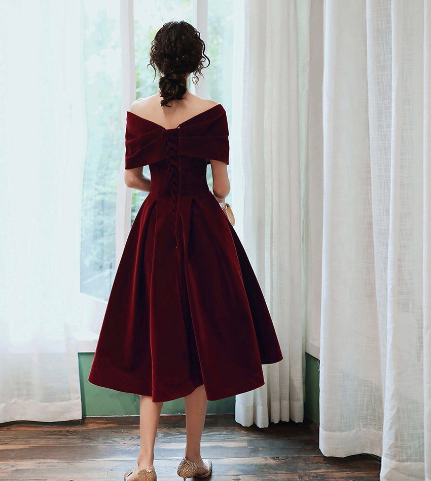 Burgundy velvet short prom dress party dress 8403