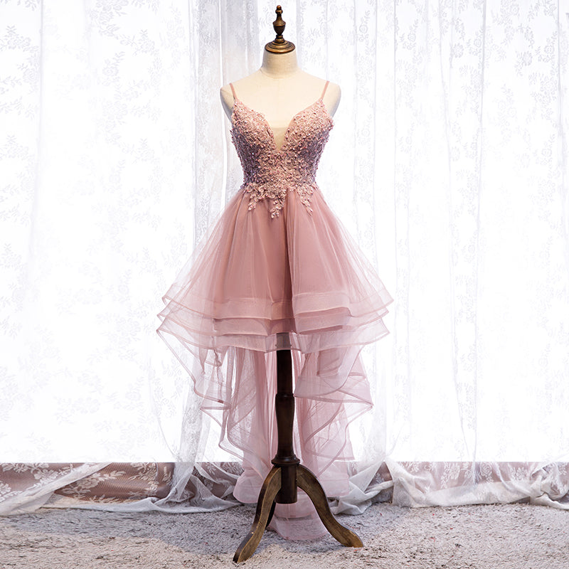 Cute v neck lace short prom dress high low evening dress 8315